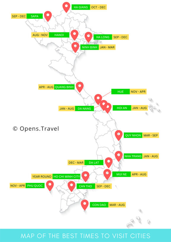 Map of the best times to visit Vietnamese cities